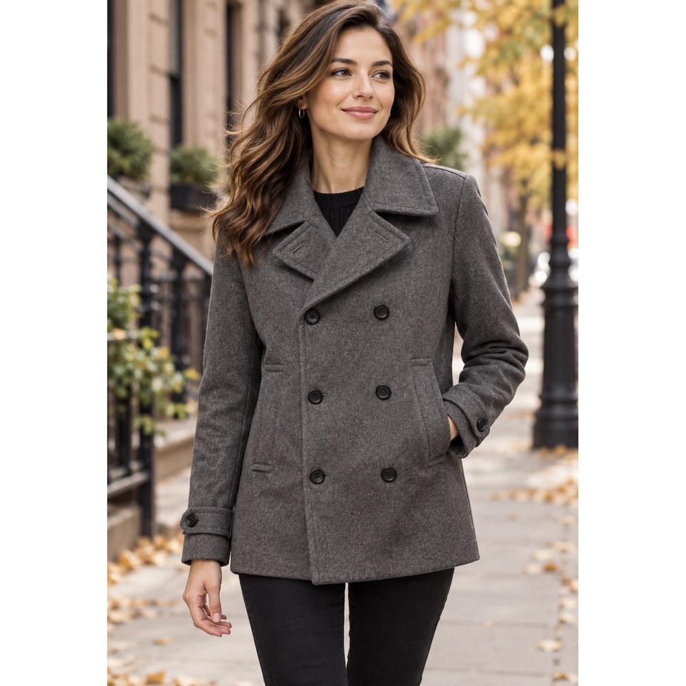 Merona Women's Gray Double-Breasted Pea Coat Classic Wool Blend Size M